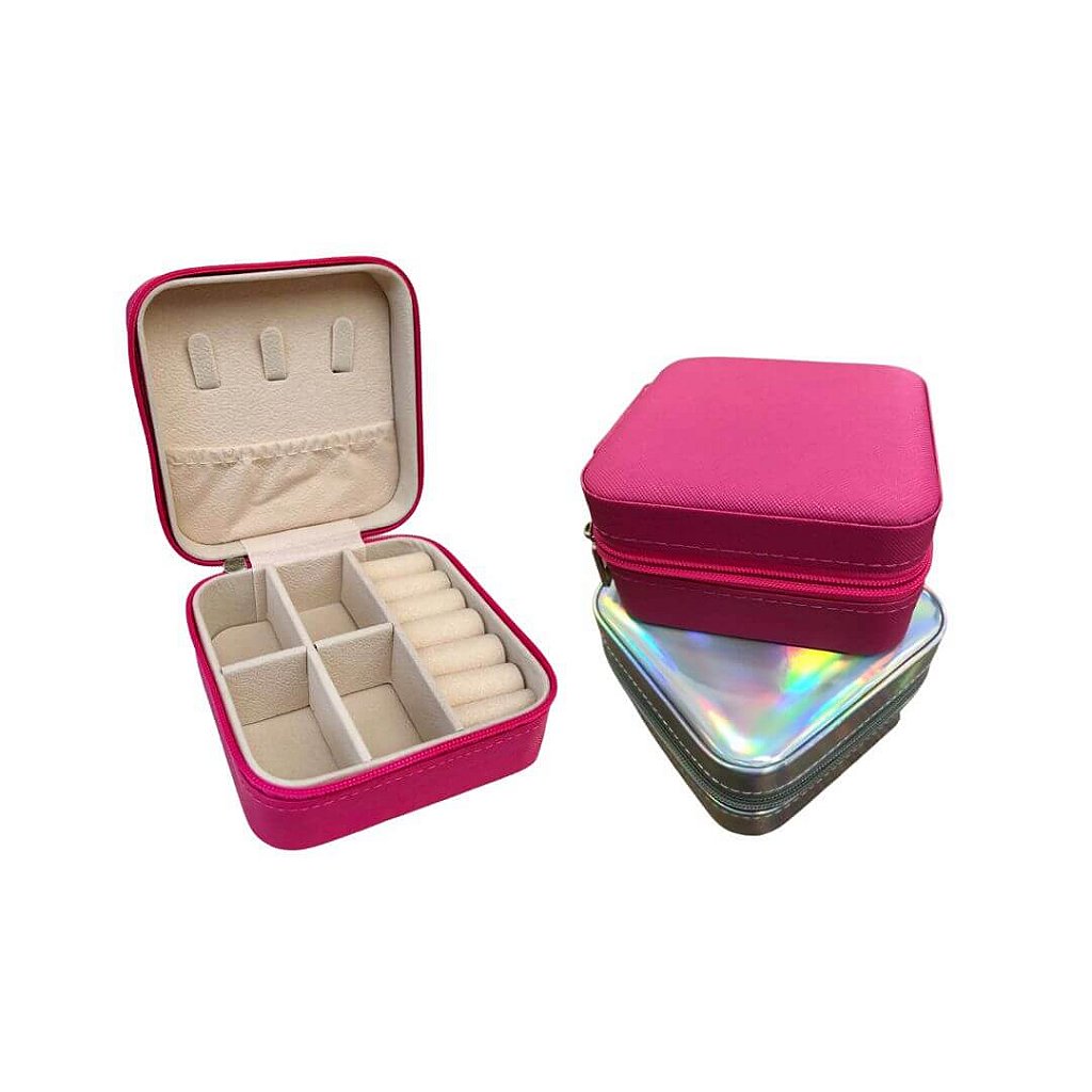 Porta joias quadrado pequeno rosa com zíper — perfeito para guardar joias em prata 925